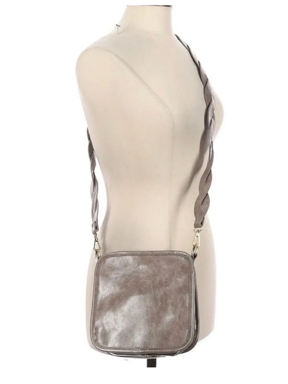 Anthropologie Metallic Taupe Faux-Leather Crossbody with Gold Snap